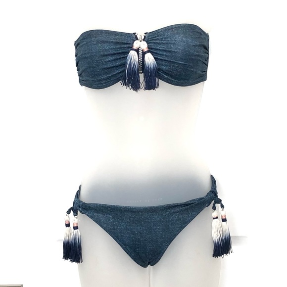 H&M Jean Print Bandeau Zip Bikini Top & Tassle Bikini Bottom - Picture 2 of 7